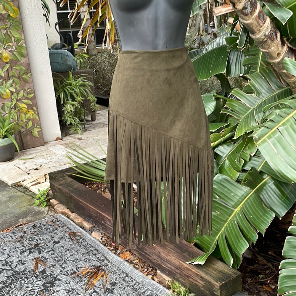 Ya Los Angeles fringe, suede, asymmetric, patchwork skirt